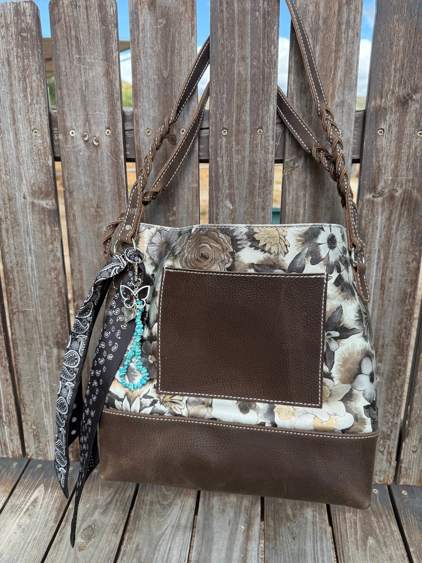 Two Toned Brown Floral Tote
