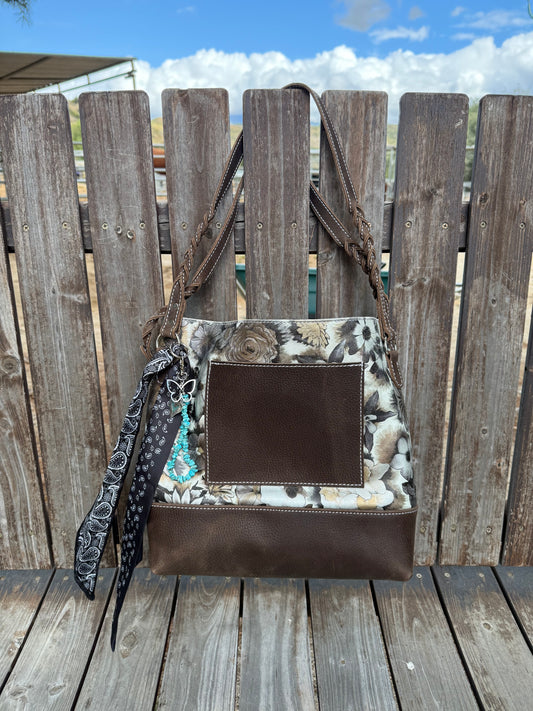Two Toned Brown Floral Tote