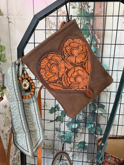 Tooled Peony Heart Crossbody Purse