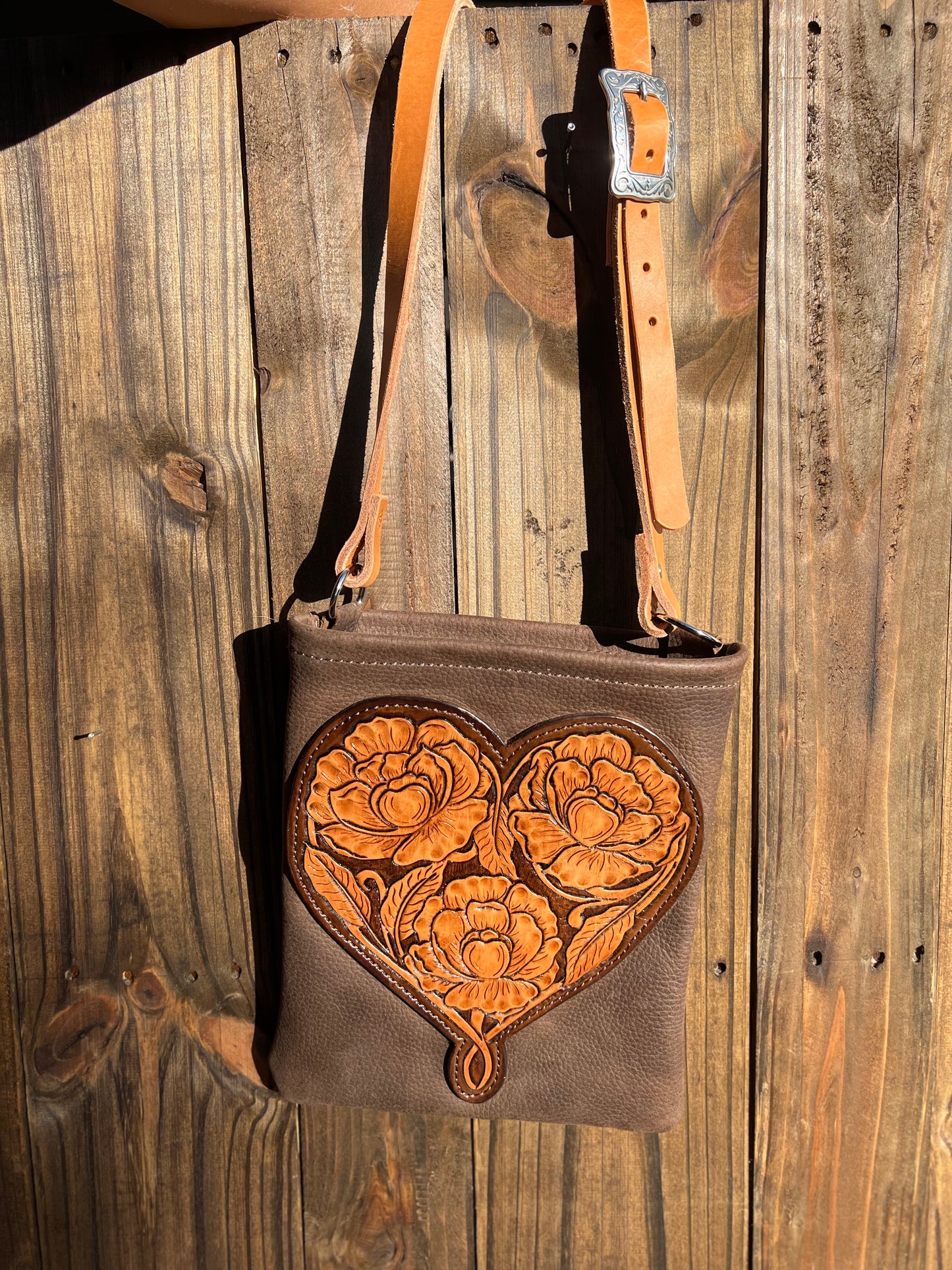 Tooled Peony Heart Crossbody Purse