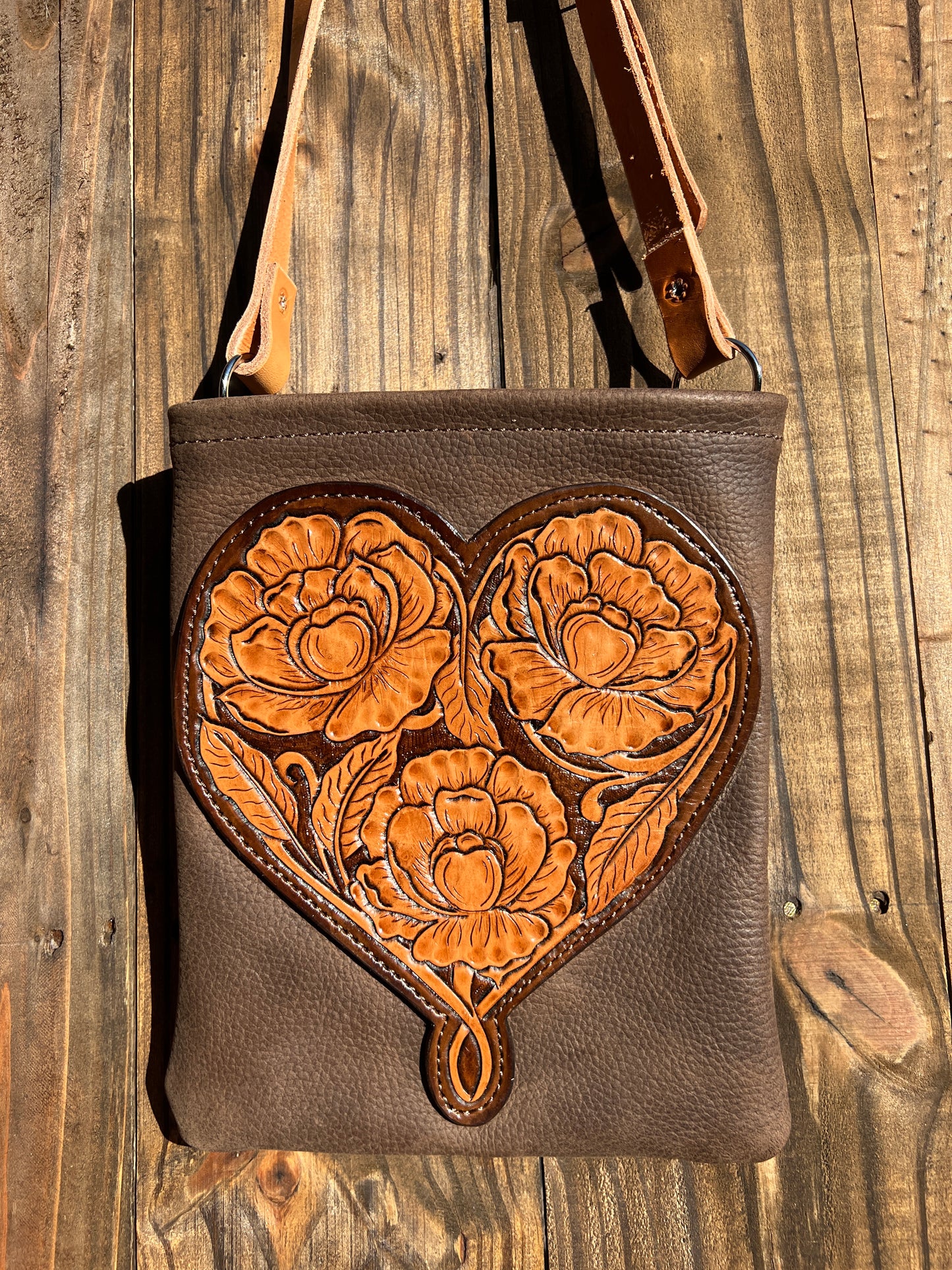 Tooled Peony Heart Crossbody Purse