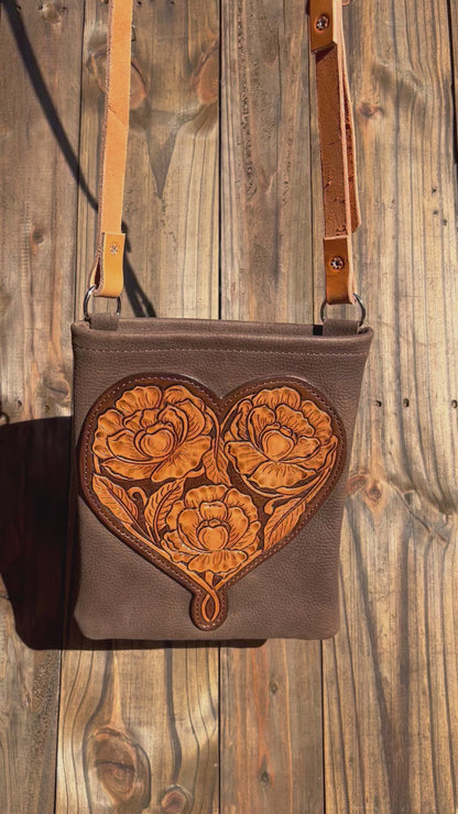 Tooled Peony Heart Crossbody Purse